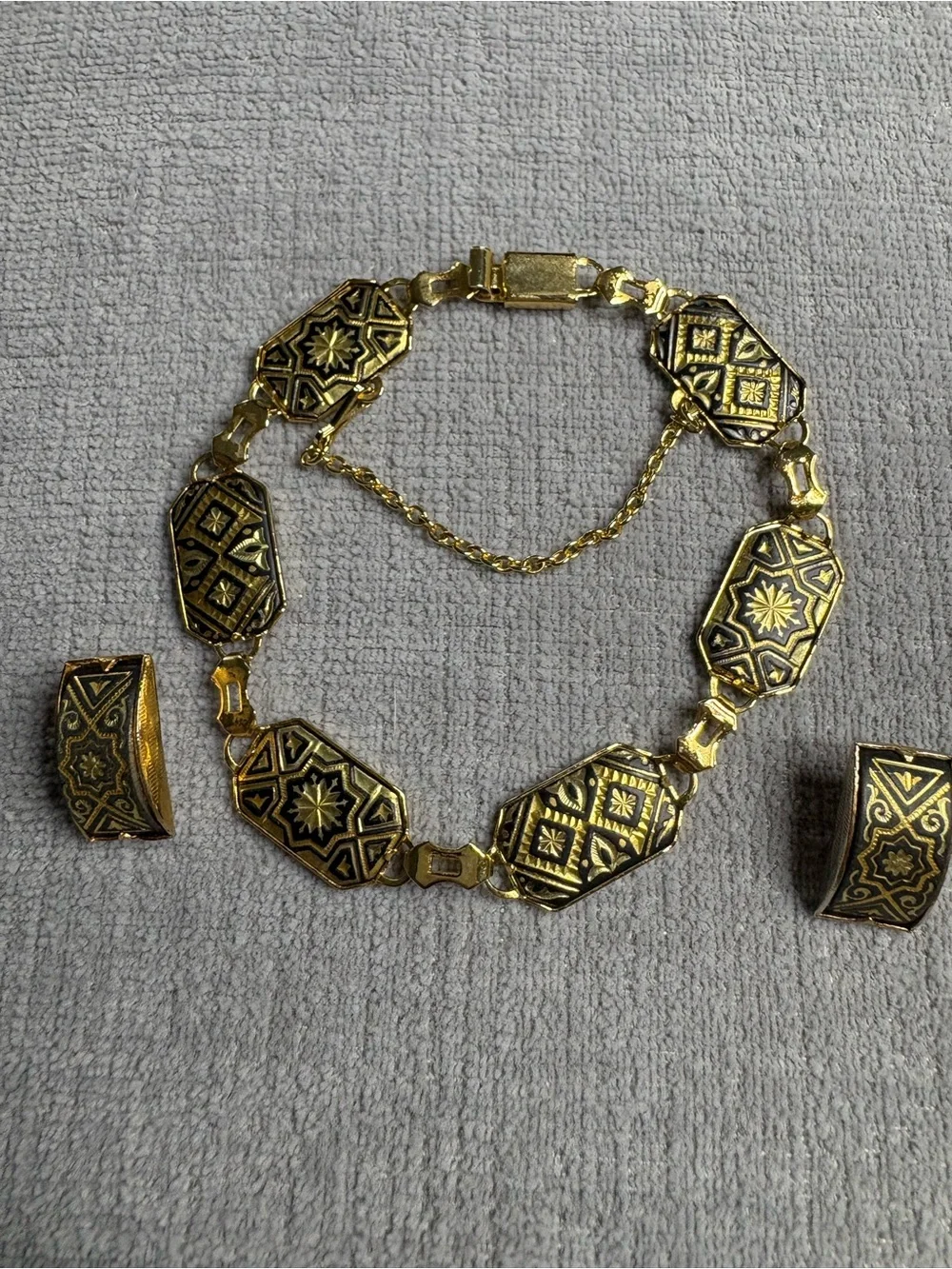 Bracelet & Earring Set Signed Vintage Damascene Toledo Mid-century Spain